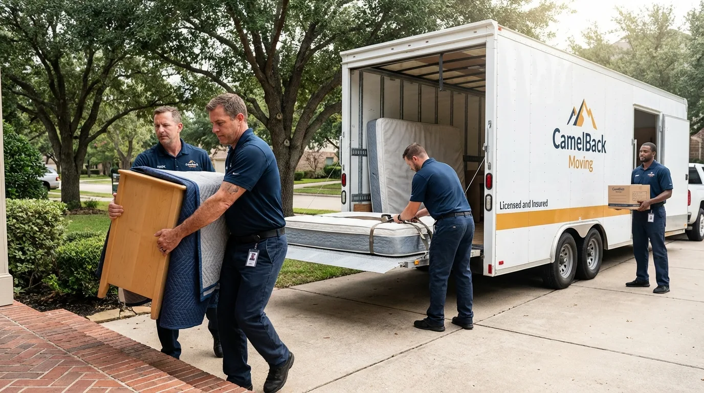 Crew loading residential truck for cross-state move from Westville, OK
