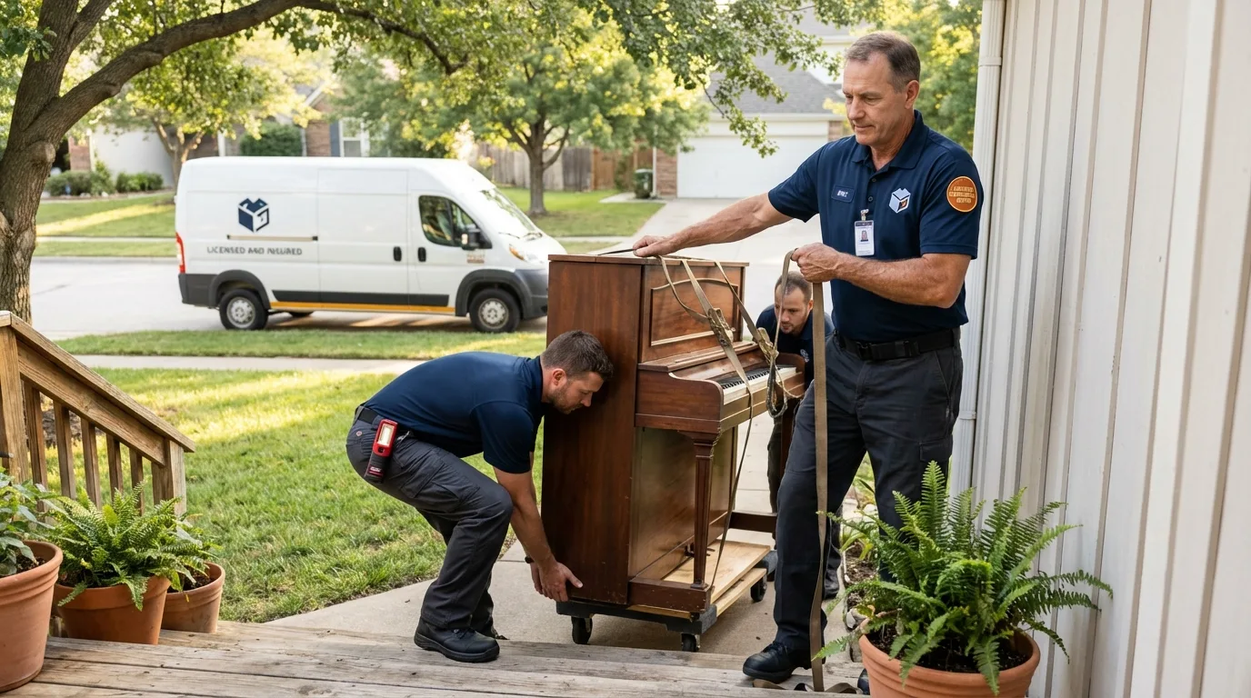 Licensed piano movers securing grand piano in Westville, OK