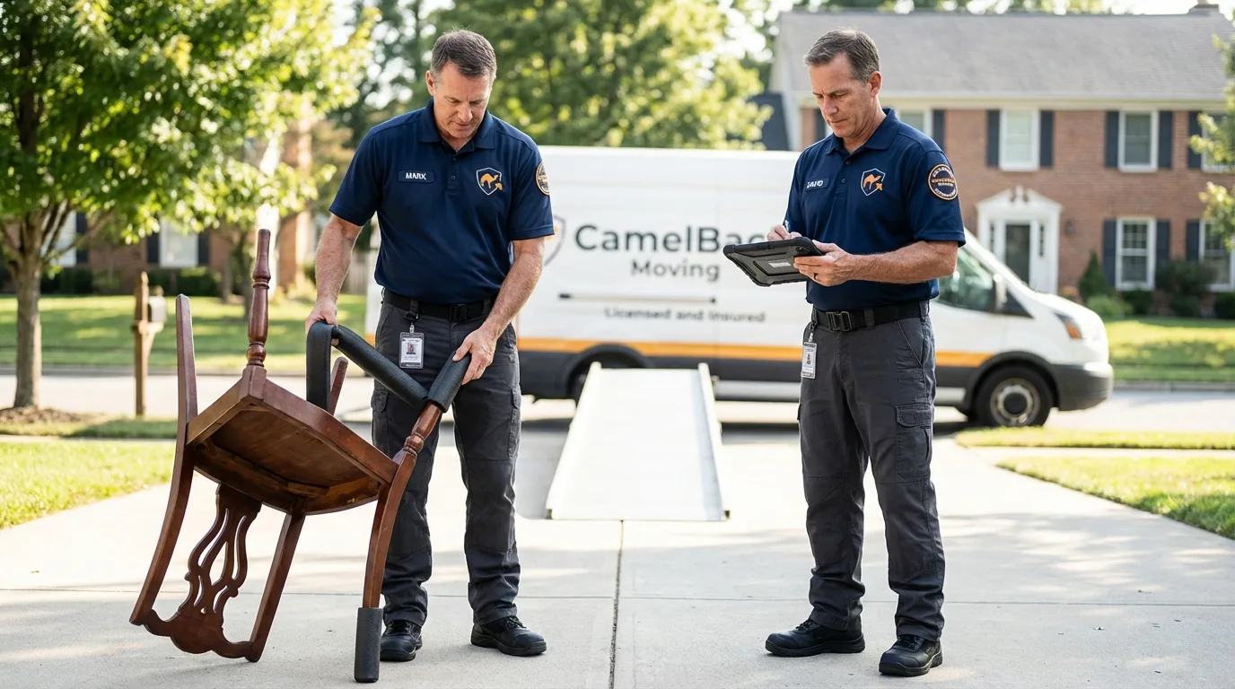 Movers inspecting furniture for damage prevention before loading in Westville, OK