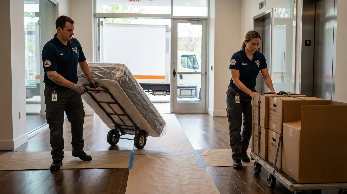 Professional apartment movers loading elevator in Westville, OK