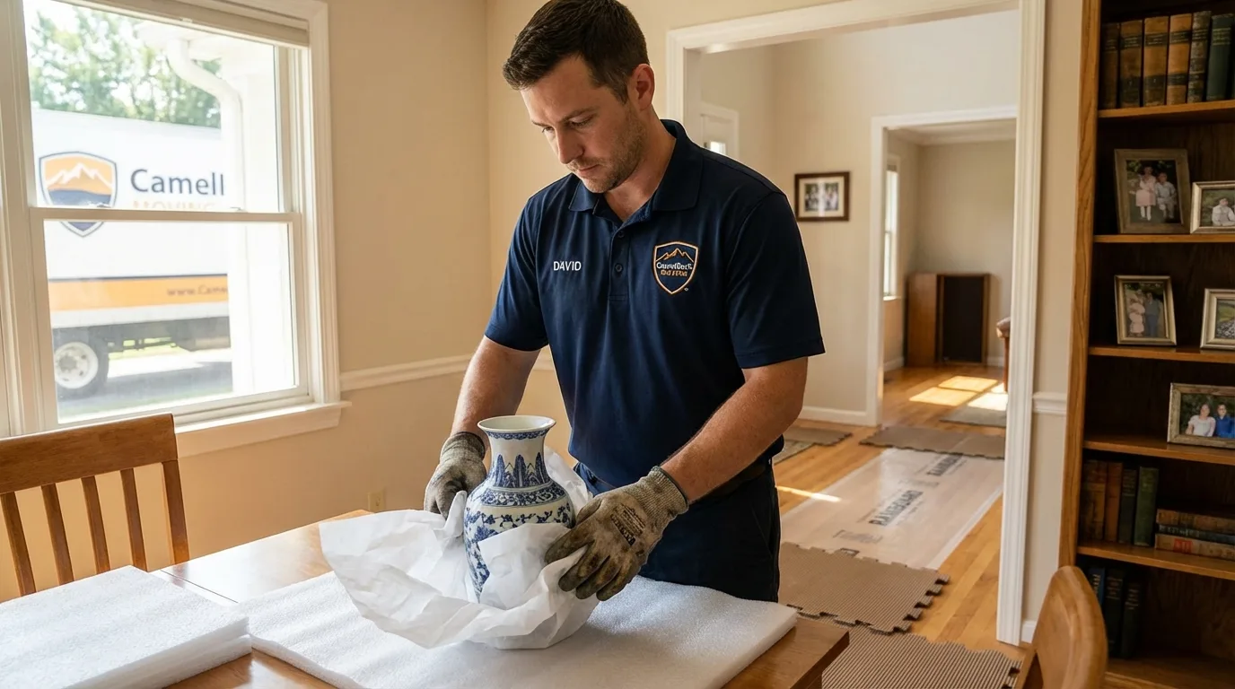 Professional crew carefully wrapping antique vase for senior downsizing move in Westville, OK