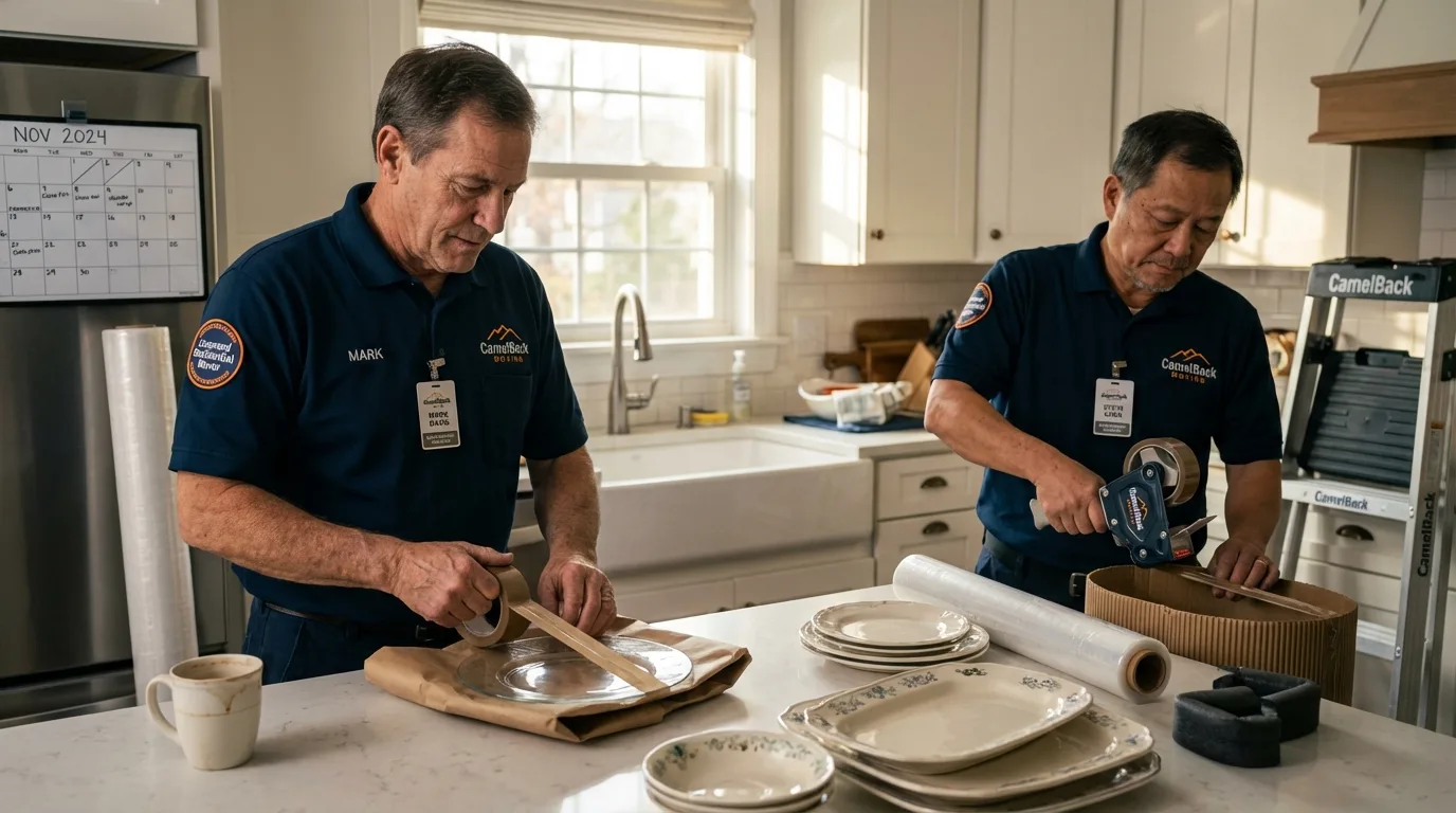 Professional crew packing kitchen dishware in Westville, OK